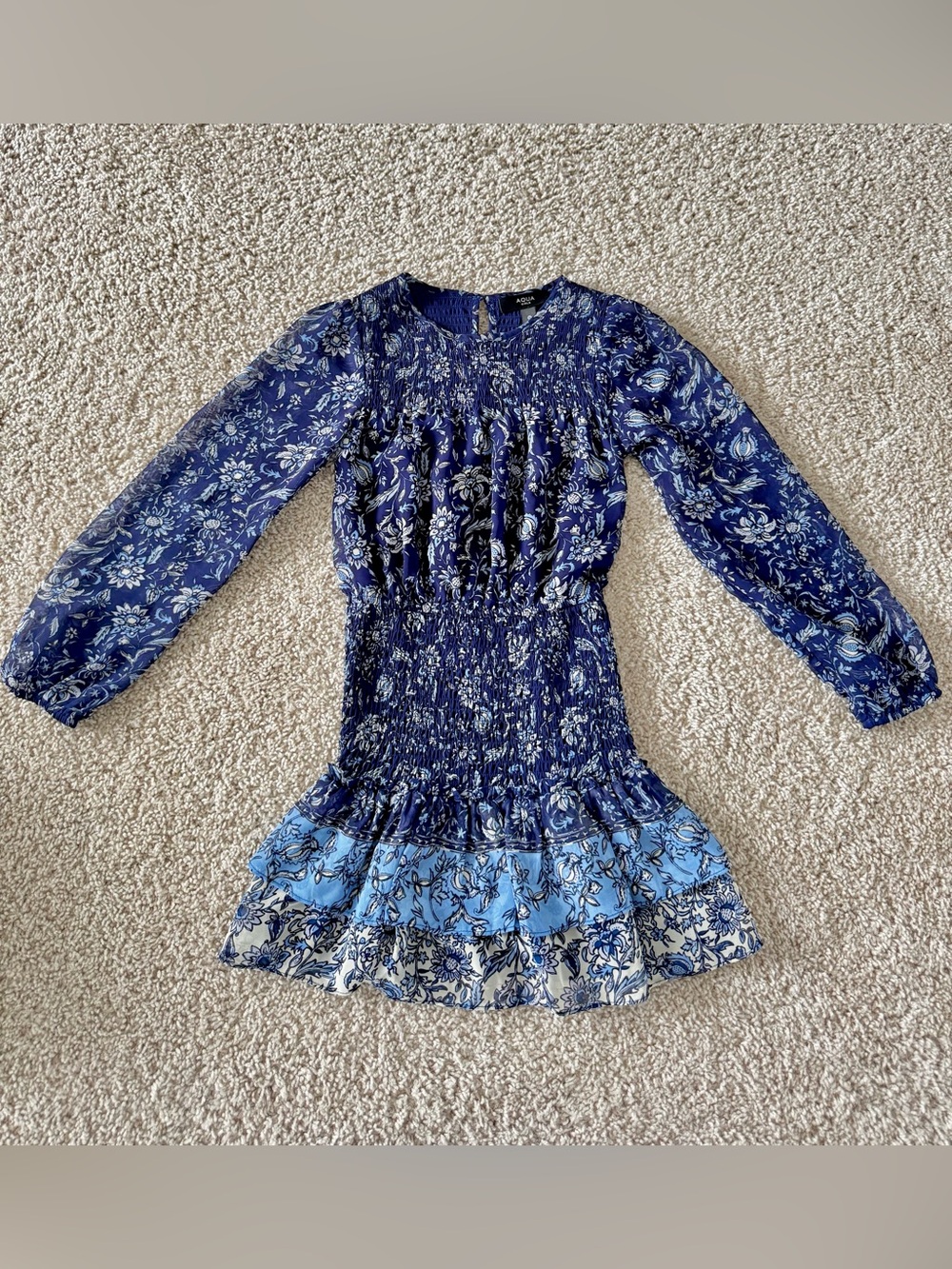 Bloomingdales Aqua Girls Navy Chiffon Floral Dress size Small
